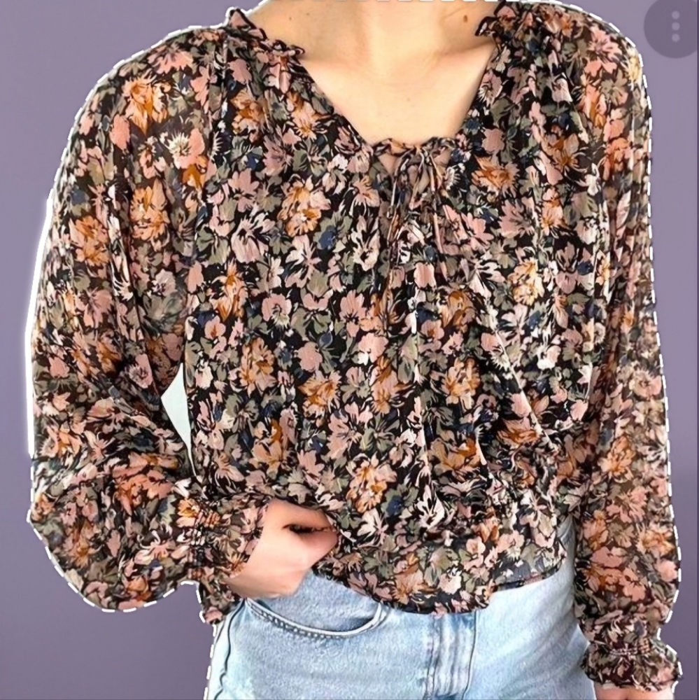 American Eagle Floral Blouse with Gathered Neckline and Long Bell Sleeves
